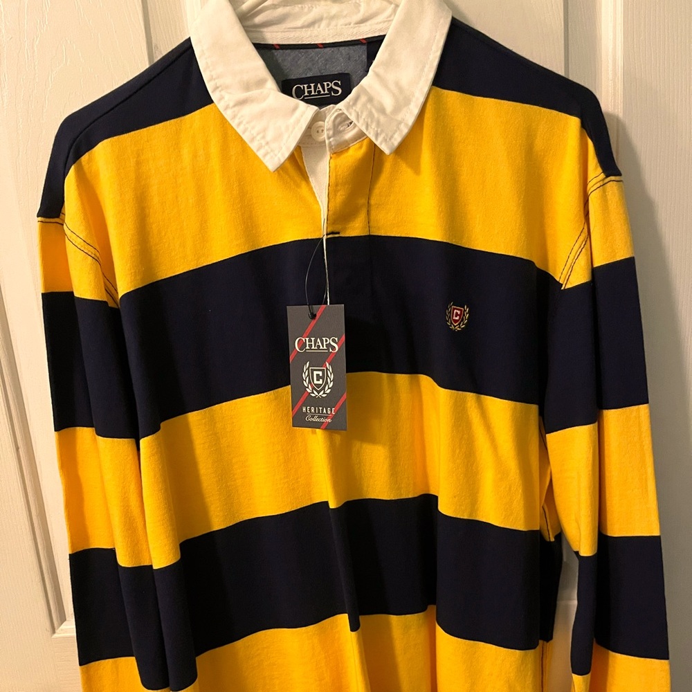 Mens Chaps Rugby Polo long sleeve strip Shirt-Size Large